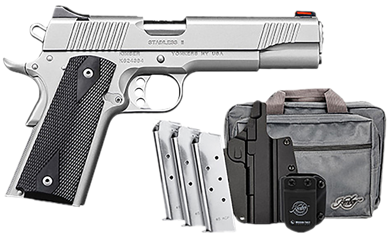 Kimber Mfg.,inc 3200007 Stainless II Club Bundle 45ACP 7+1 5" Satin Silver Front Serrations Stainless Steel Slide Black Synthetic Grip