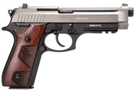 Taurus PT92 9mm 5in tungsten Cerakote with walnut grips side view