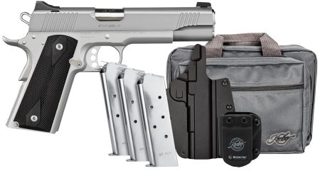 Kimber Mfg, Inc 3700826 Stainless LW Club Bundle Full Size Frame 45 ACP 7+1 5" Stainless Match Grade Barrel, Serrated Stainless Steel Slide, Stainless Aluminum Frame w/Beavertail, Black Textured Grip