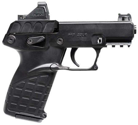 Kel-Tec P17BBLKOPTIC P17  Compact Frame 22 LR 16+1 3.80" Black Steel Barrel, Black Serrated Steel Slide, Black Polymer Frame w/Picatinny Rail, Textured Grip, Viridian RFX-11 Green Dot, Ambidextrous