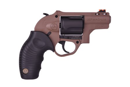 Taurus 605 revolver side view, 2-inch barrel, .357 Magnum, black cylinder, coyote brown finish