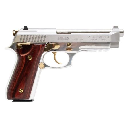 Taurus PT92 9mm 5-inch stainless pistol with wood grips and gold accents