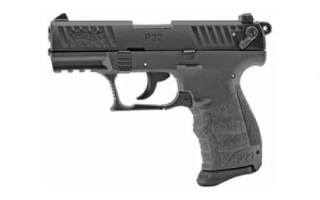 Walther P22Q .22 LR handgun, tungsten gray polymer frame, black slide, 3.42 inch threaded barrel