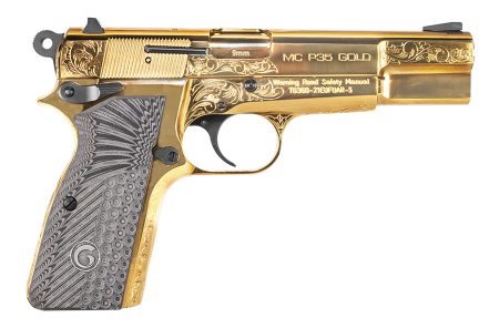 Girsan 390488 MC P35 9mm Luger 15+1 4.87" Gold Plated PVD Stainless Steel Barrel, Gold Finish Engraved Serrated Stainless Steel Slide, Gold Plated Steel Frame w/Beavertail, G10 Grip