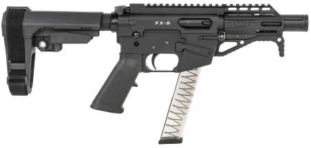 Freedom Ordnance FX9P4S FX-9 9mm Luger 31+1 4" Black Nitride Barrel w/Faux Suppressor, Black Hard Coat Anodized Aluminum Receiver, SB Tactical SBA3 Pistol Brace Stock, Black Polymer Grip